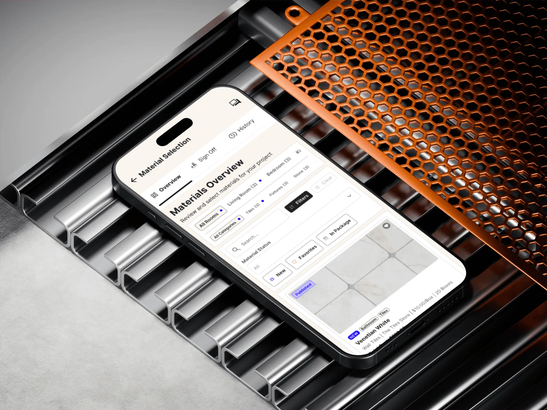 Client Portal on a phone, showing the materials selection screen